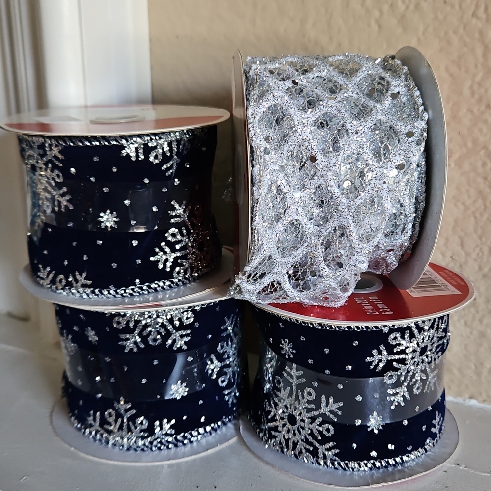 4 Rolls of Assorted Celebrate it - Wired Navy Blue and Silver Ribbon